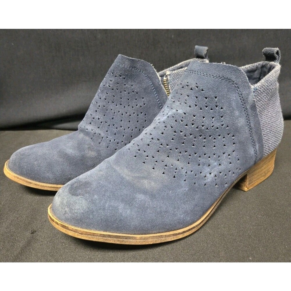 TOMS Deia Blue Suede, Canvas Side Zip Ankle Booties Women Sz 8M